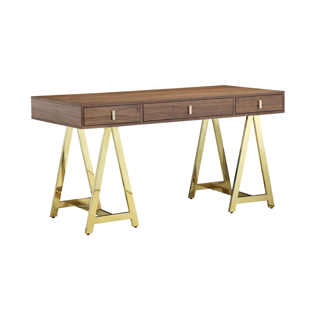 Ile 55 Inch Desk with 3 Storage Drawers Brown Wood Veneer Gold Metal By Casagear Home BM313558