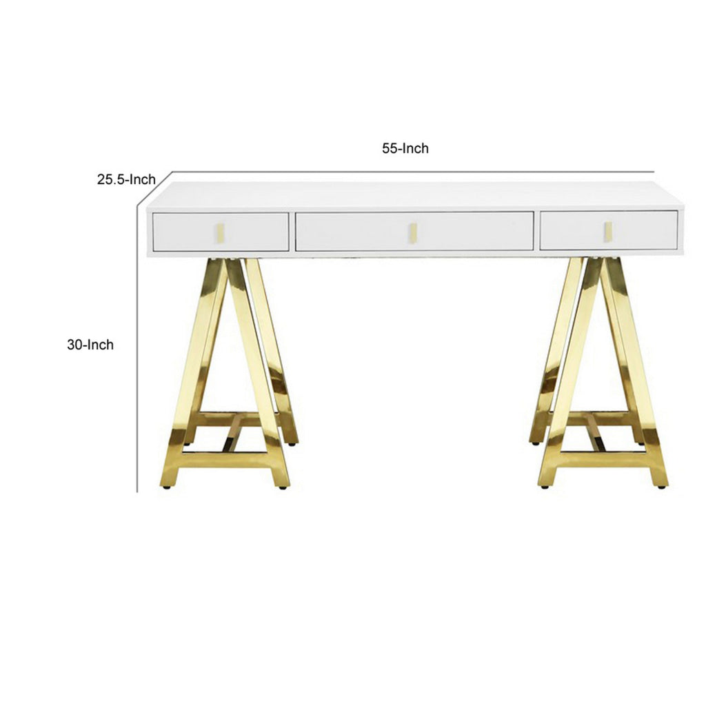 Ile 55 Inch Desk with 3 Storage Drawers White Wood Veneer Gold Metal By Casagear Home BM313559