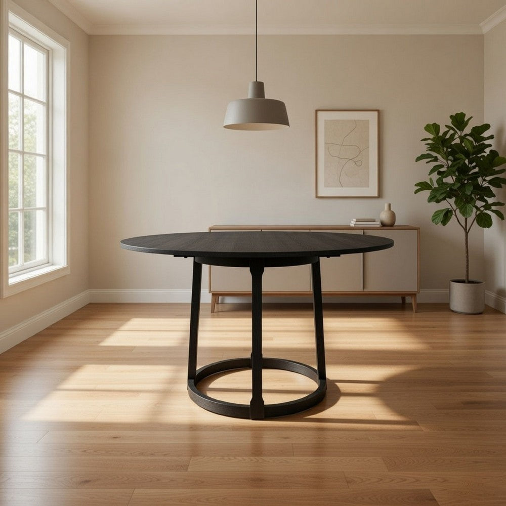 Hane 47 Inch Dining Table, Round Wood Tabletop, Sleek Black Metal Finish By Casagear Home