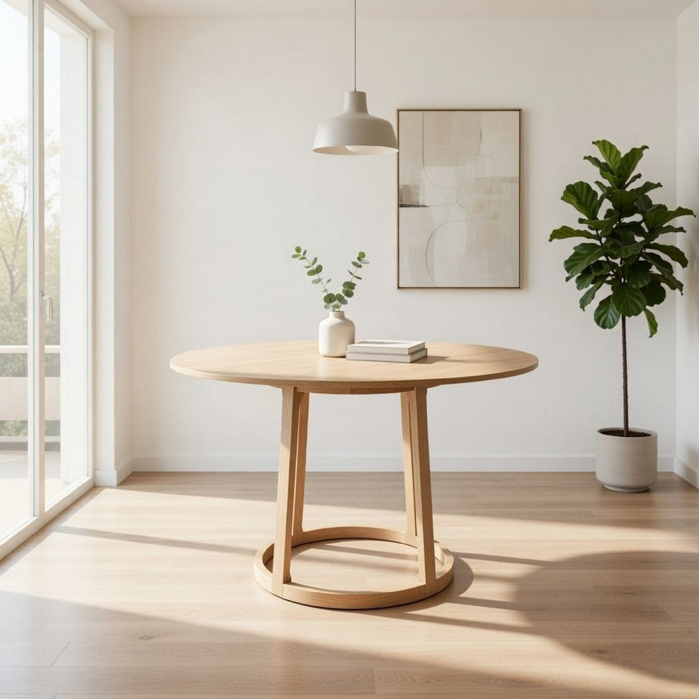 Hane 47 Inch Dining Table, Round Tabletop, Natural Brown Oak Wood Veneer By Casagear Home