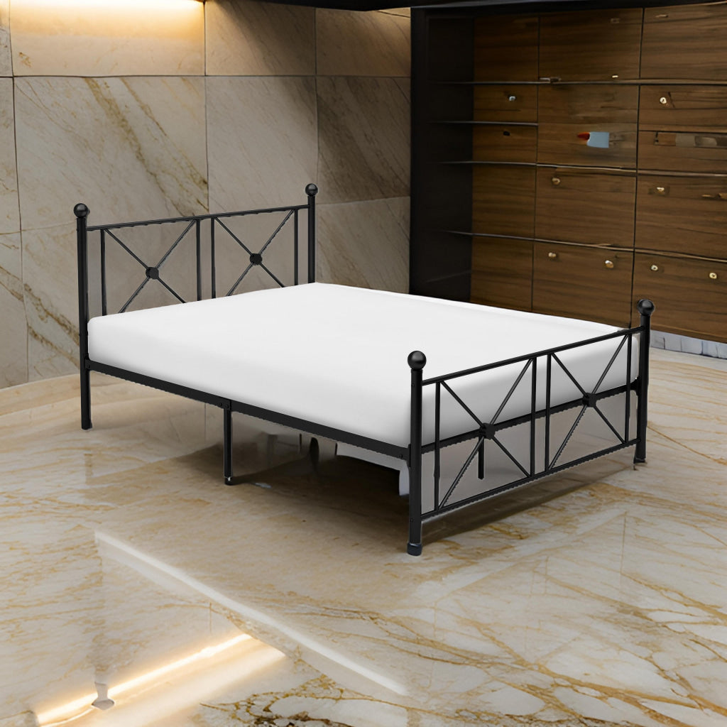 Leu Full Platform Bed, X Panel Accents with Medallion Centers, Black Metal By Casagear Home