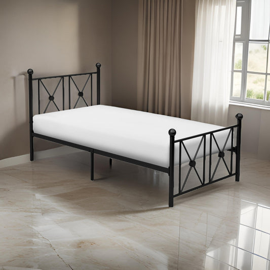 Leu Twin Platform Bed, X Panel Accents with Medallion Centers, Black Metal By Casagear Home