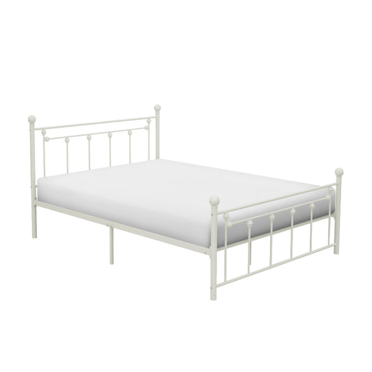 Leu Full Platform Bed, Open Slatted Frame with Ball Finials, White Metal By Casagear Home