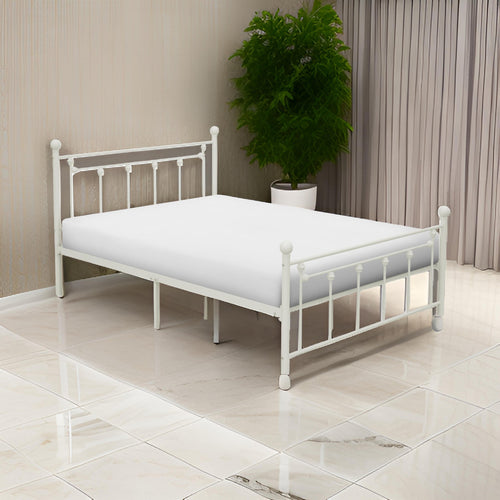 Leu Full Platform Bed, Open Slatted Frame with Ball Finials, White Metal By Casagear Home