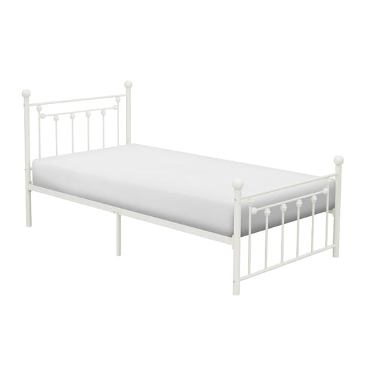 Leu Twin Platform Bed, Open Slatted Frame with Ball Finials, White Metal By Casagear Home