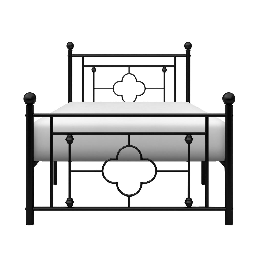 Ayu Twin Platform Bed Quatrefoil Pattern and Ball Finials Black Metal By Casagear Home BM313578