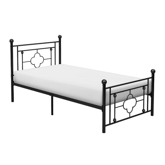 Ayu Twin Platform Bed, Quatrefoil Pattern and Ball Finials, Black Metal By Casagear Home