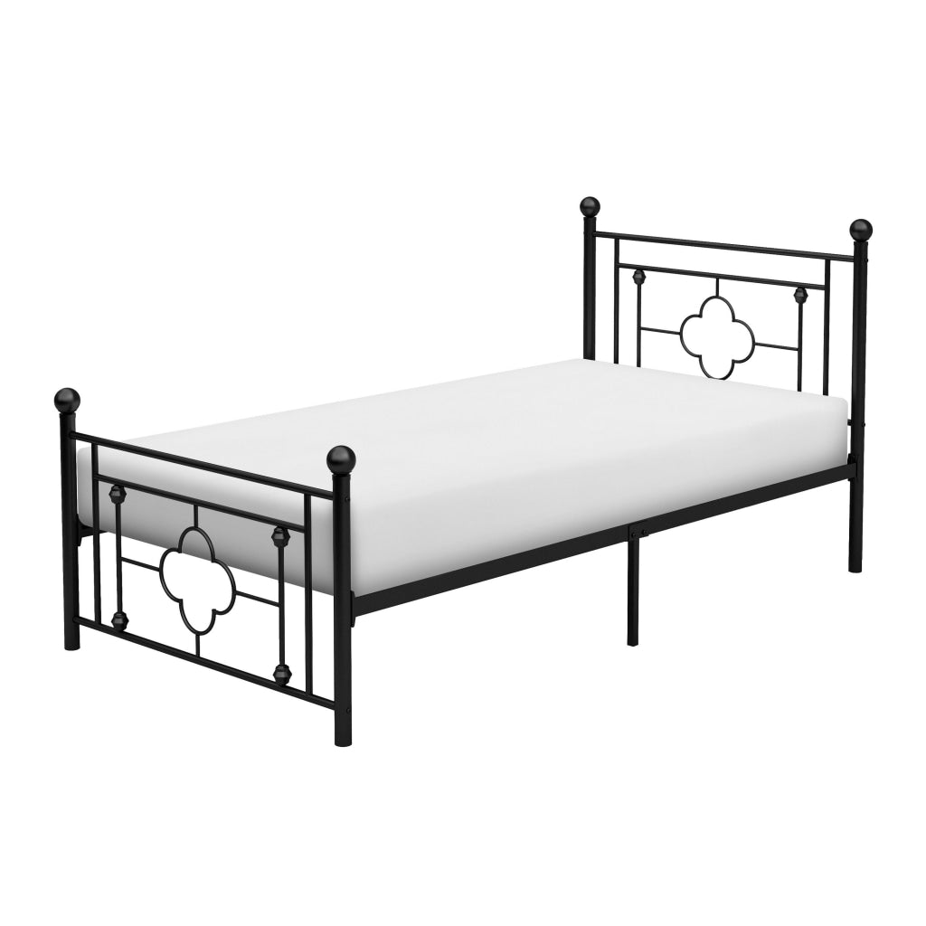 Ayu Twin Platform Bed Quatrefoil Pattern and Ball Finials Black Metal By Casagear Home BM313578