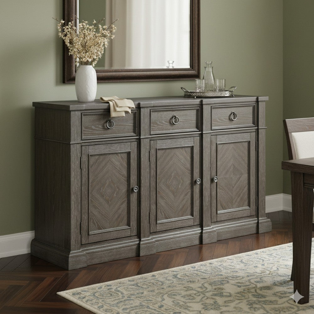 Koa 67 Inch Sideboard Server Console, 3 Beveled Drawers, Driftwood Brown By Casagear Home