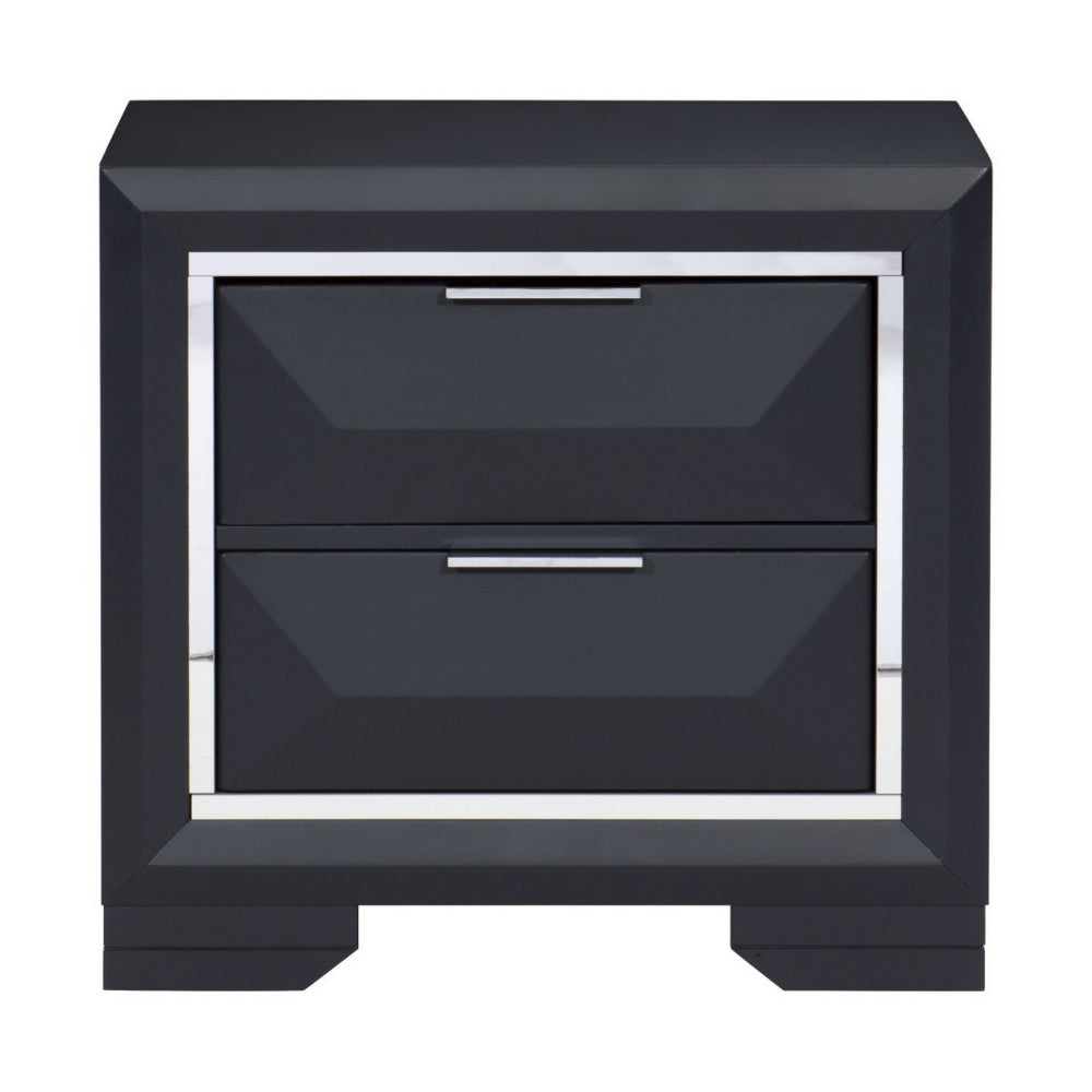 Rosy 27 Inch Nightstand, 2 Drawers, Chrome Accents, Midnight Blue Wood By Casagear Home