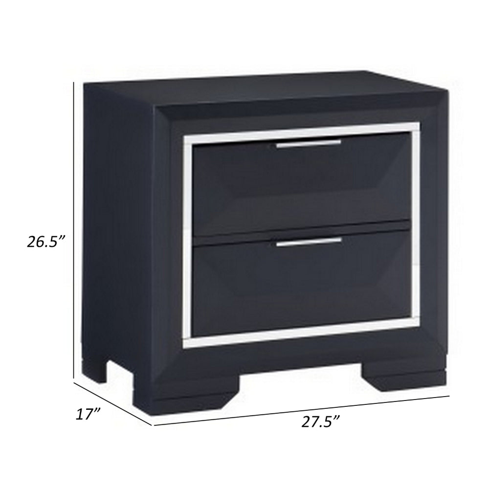Rosy 27 Inch Nightstand, 2 Drawers, Chrome Accents, Midnight Blue Wood By Casagear Home