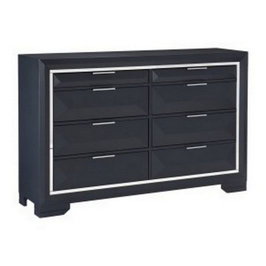 Rosy 60 Inch Dresser, 8 Drawers, Chrome Metal Accents, Midnight Blue Wood By Casagear Home