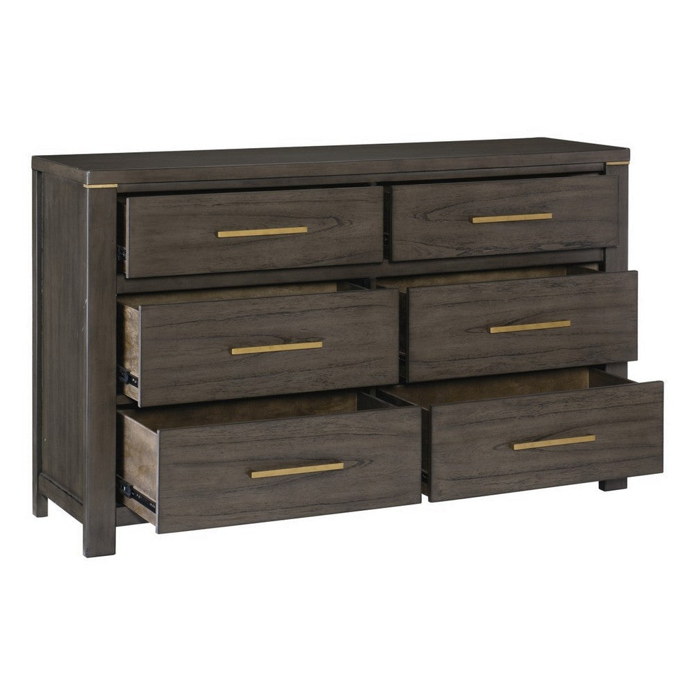 Carie 65 Inch Dresser 6 Drawers Gold Accent Handles Brown Gray Wood By Casagear Home BM313591