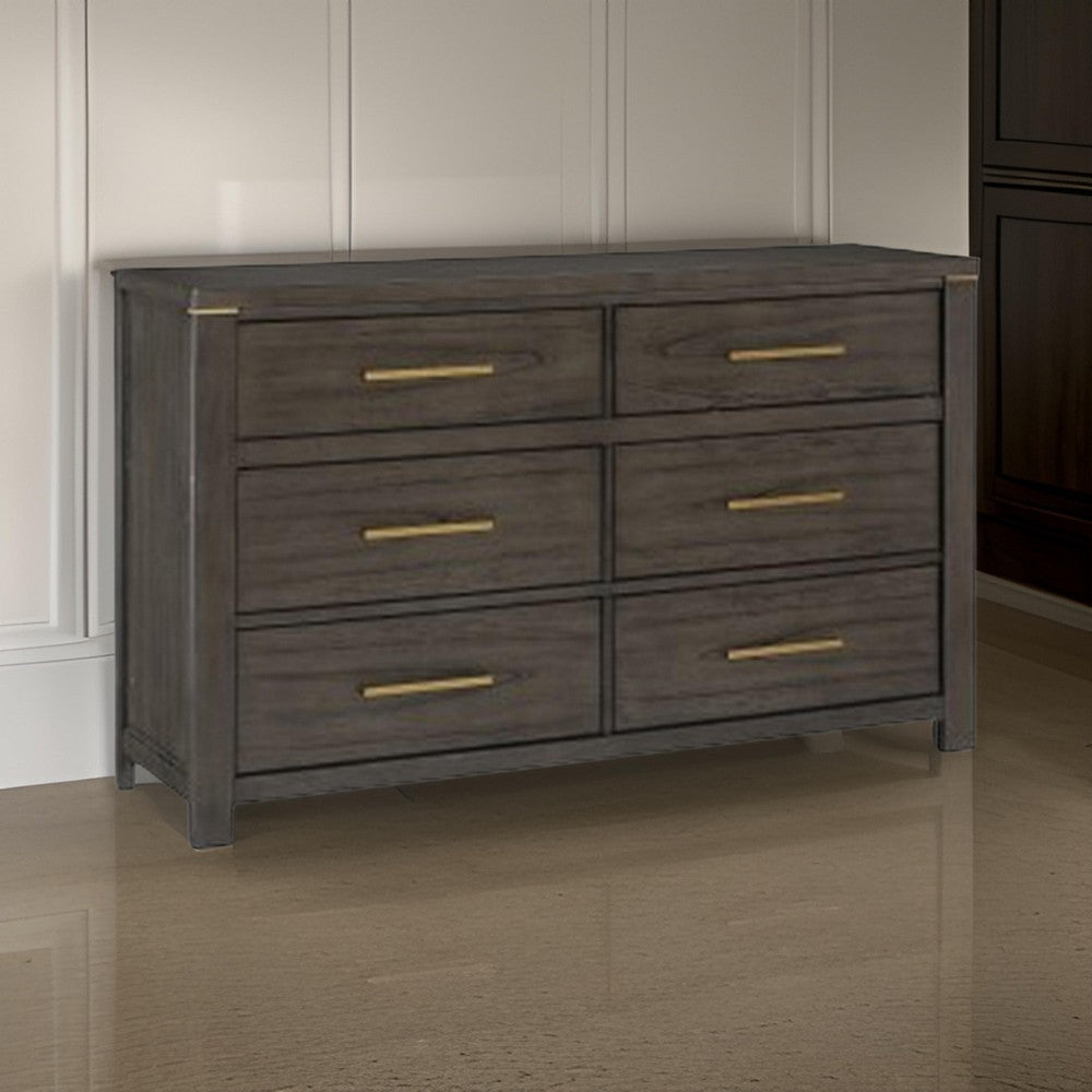 Carie 65 Inch Dresser 6 Drawers Gold Accent Handles Brown Gray Wood By Casagear Home BM313591