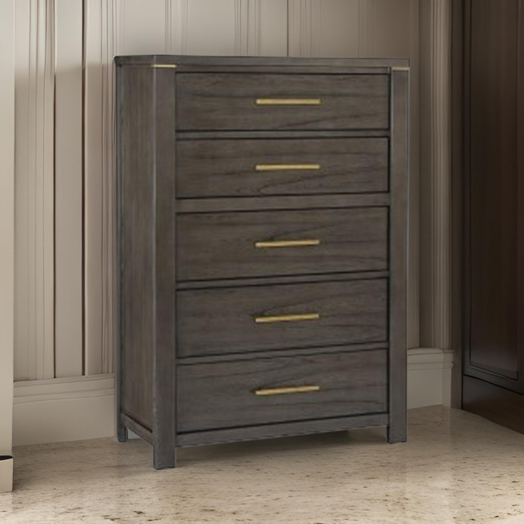 Carie 58 Inch Tall Dresser Chest, 5 Drawers, Gold Handles, Brown Gray Wood By Casagear Home