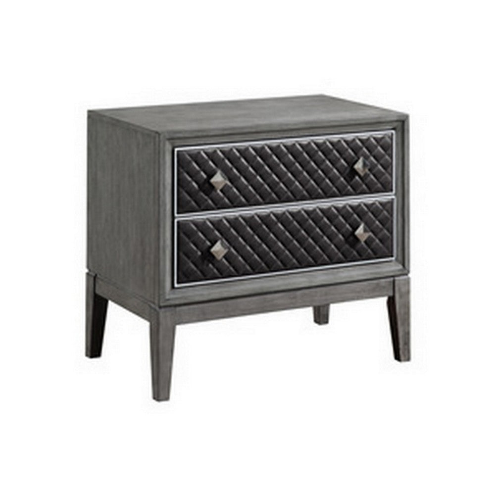 Stacy 29 Inch Nightstand 2 Faux Leather Upholstered Drawers Gray Wood By Casagear Home BM313593