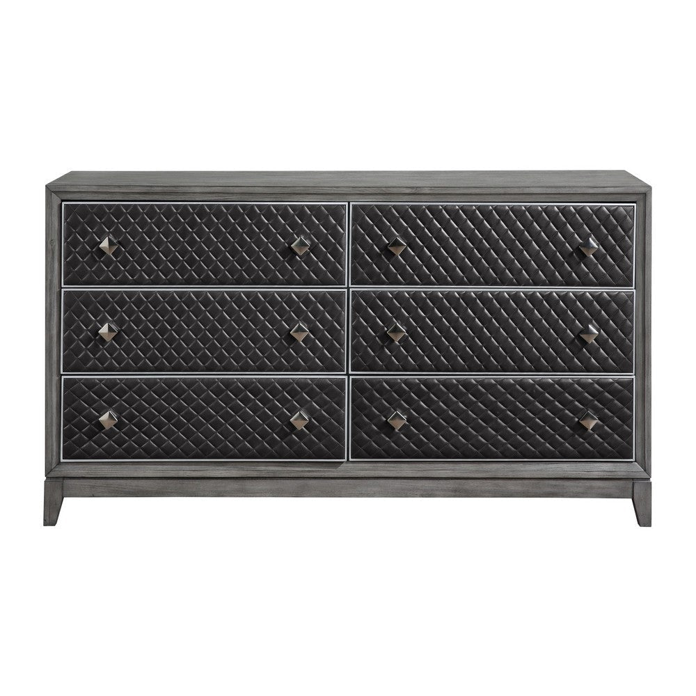 Stacy 64 Inch Dresser 6 Faux Leather Upholstered Drawers Gray Wood By Casagear Home BM313594