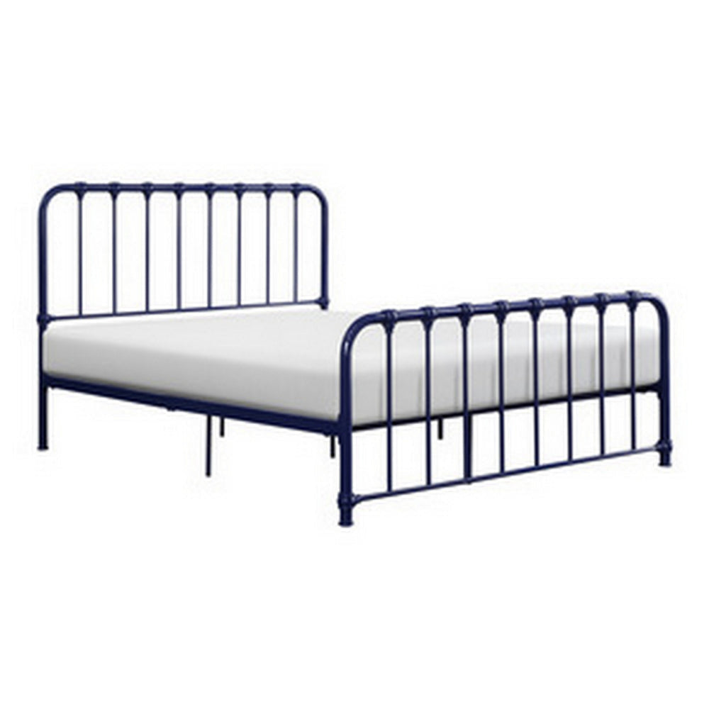 Ethan Queen Size Bed, Classic Open Slatted Metal Frame Design, Blue By Casagear Home