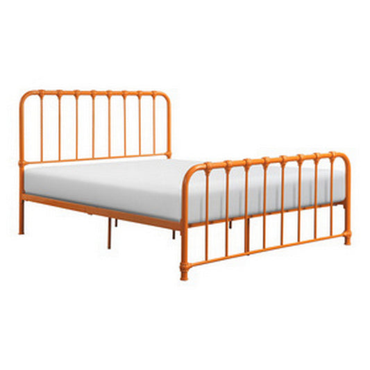 Ethan Queen Size Bed, Classic Open Slatted Metal Frame Design, Orange By Casagear Home