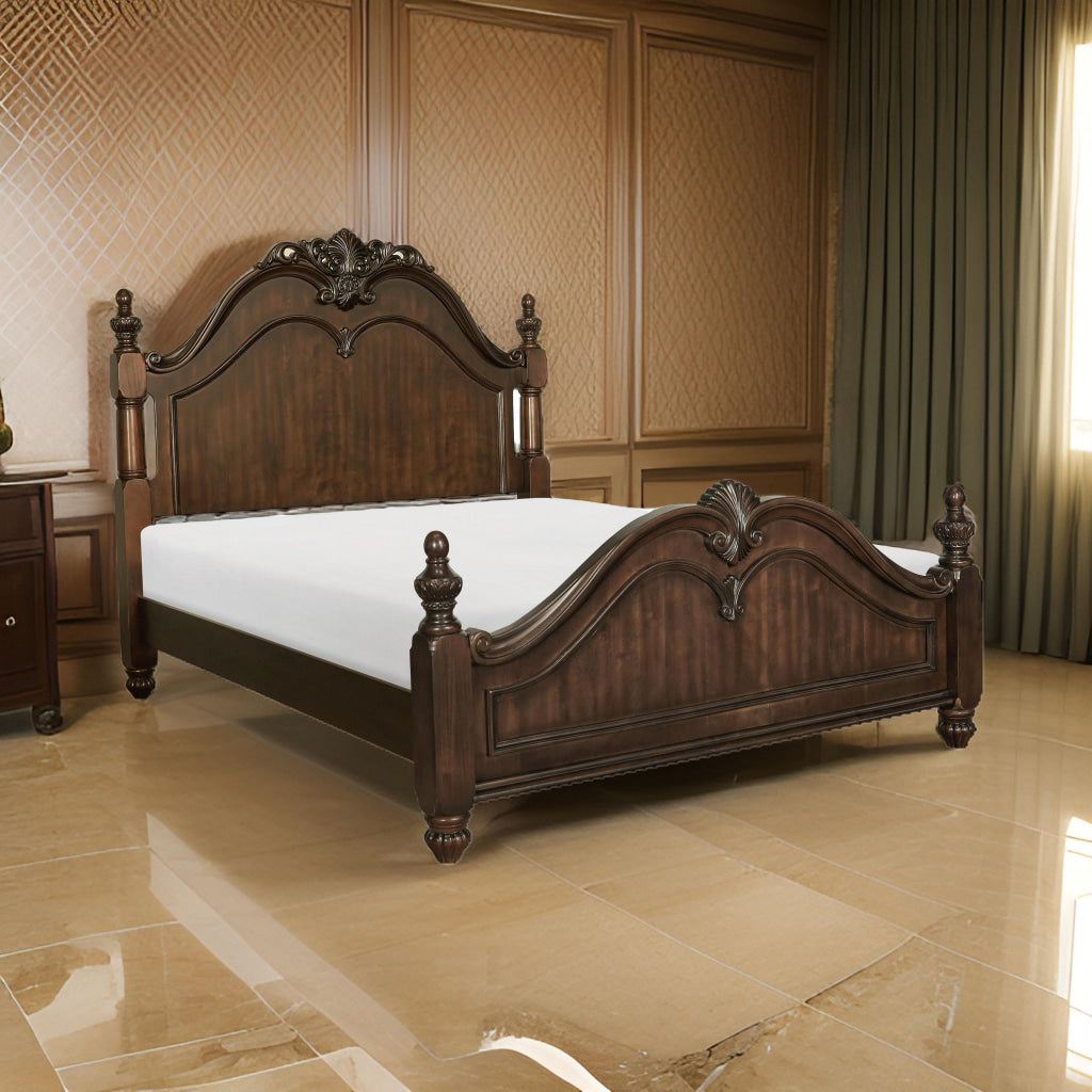 Belvi Queen Size Bed with Tall Headboard, Carved Finials, Brown Solid Wood By Casagear Home