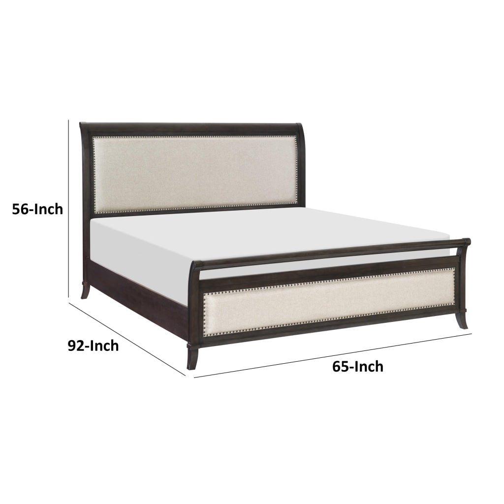 Bron Queen Bed with Sleigh Headboard Design Beige Upholstery Solid Wood By Casagear Home BM313612