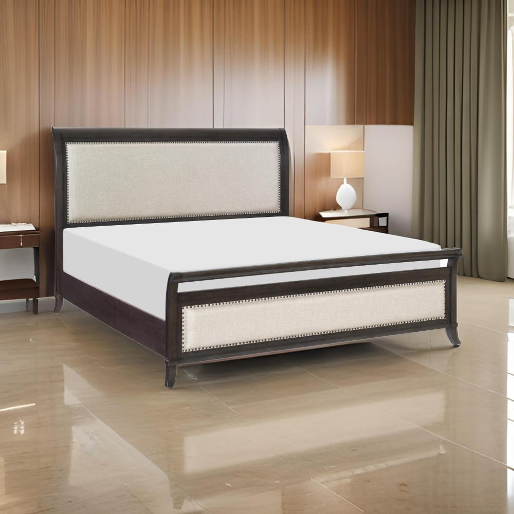 Bron Queen Bed with Sleigh Headboard Design, Beige Upholstery, Solid Wood By Casagear Home