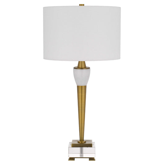 31 Inch Table Lamp with White Drum Shade, Clear Crystal Base, Brass Finish By Casagear Home