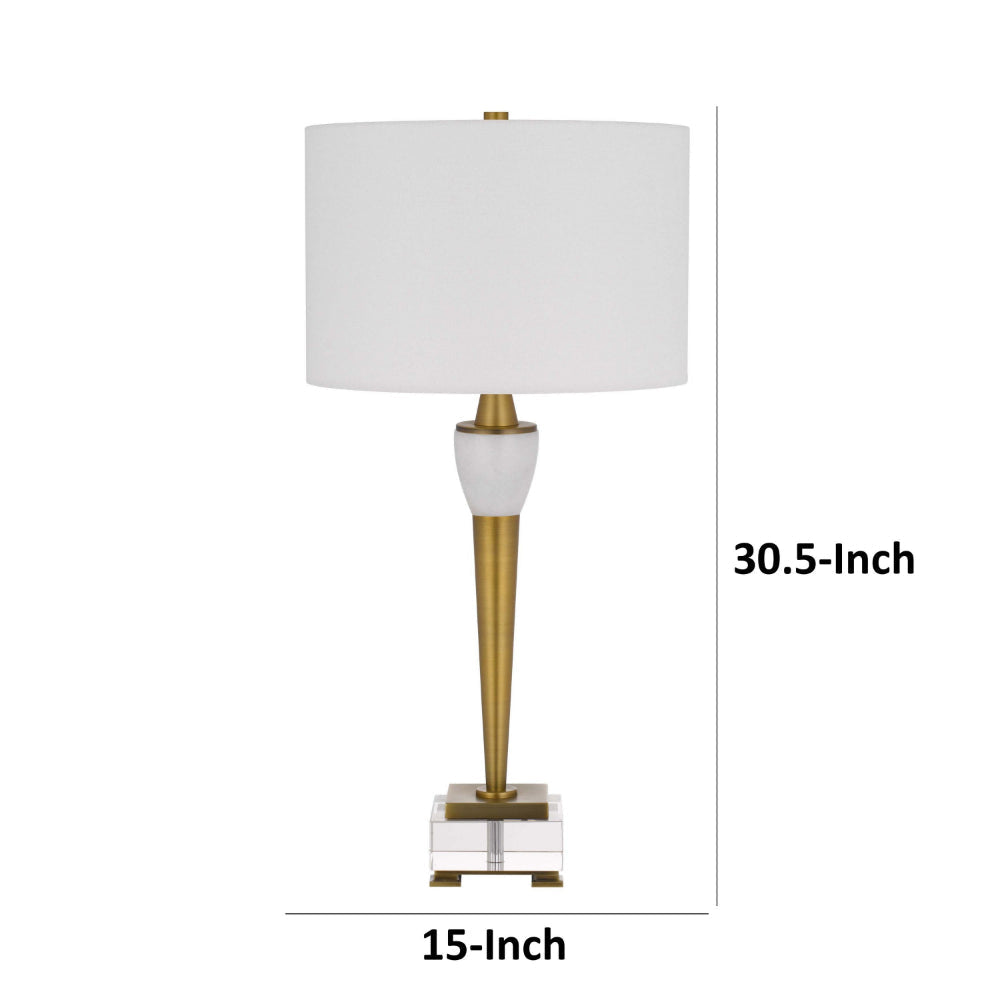 31 Inch Table Lamp with White Drum Shade Clear Crystal Base Brass Finish By Casagear Home BM313621