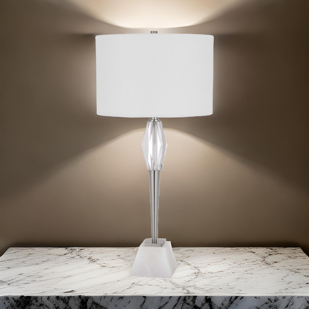 32 Inch Table Lamp with White Drum Shade, Marble Base, Brushed Steel By Casagear Home