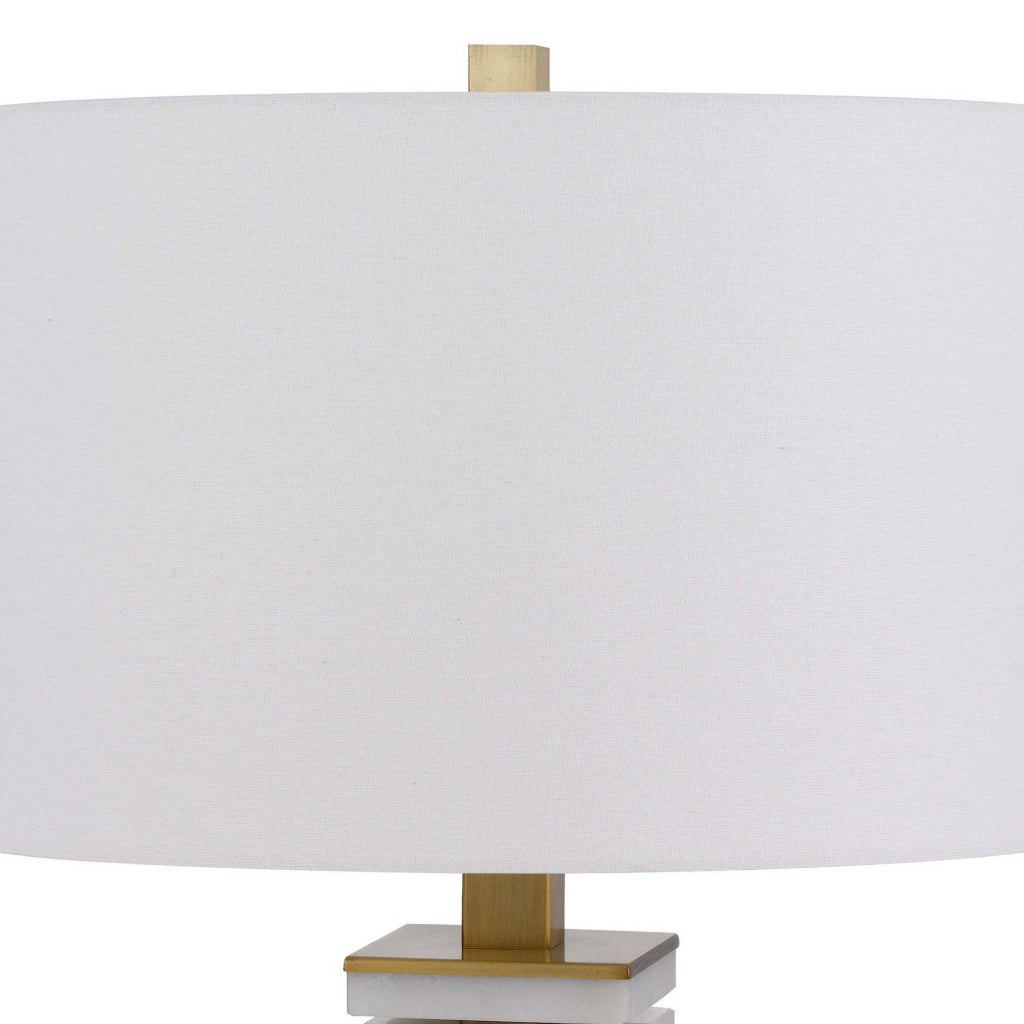 28 Inch Table Lamp White Drum Hardback Marble and Antique Brass Finish By Casagear Home BM313624