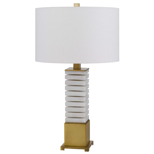 28 Inch Table Lamp, White Drum Hardback, Marble and Antique Brass Finish By Casagear Home