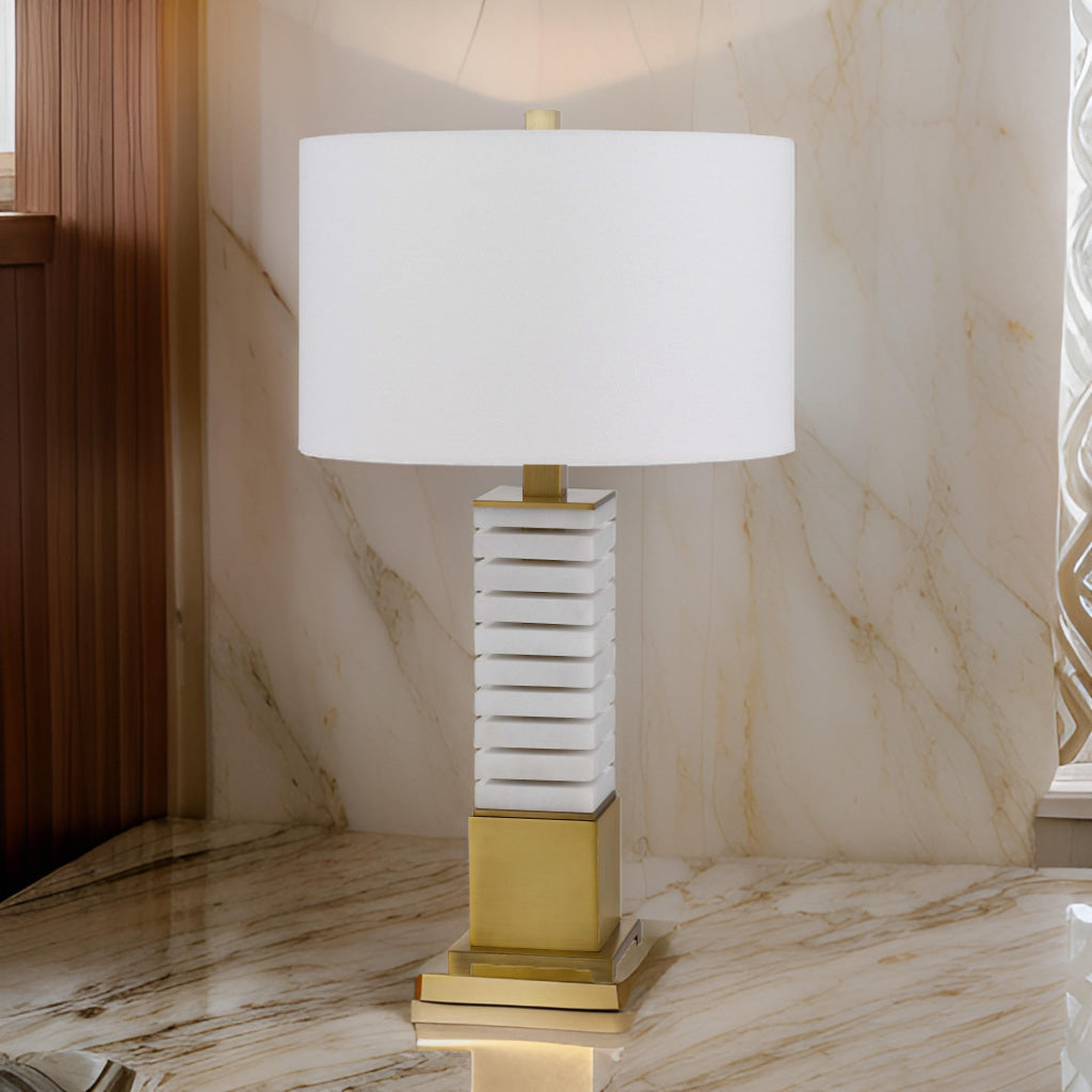 28 Inch Table Lamp, White Drum Hardback, Marble and Antique Brass Finish By Casagear Home