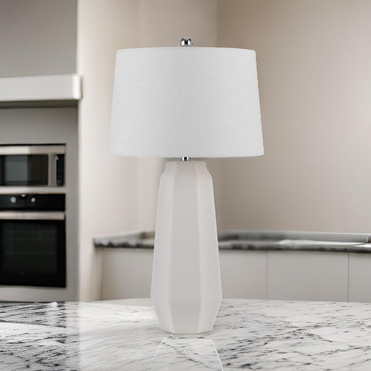 Niu 30 Inch Table Lamp Set of 2, Drum Shade, Sandy White Ceramic Prism Base By Casagear Home