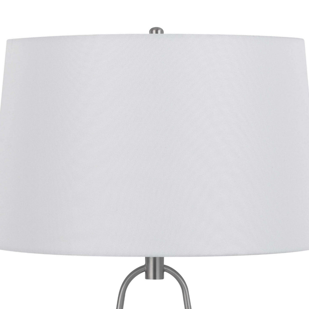 29 Inch Table Lamp, LED Lit, White Drum Hardback, Silver Metal and Glass By Casagear Home