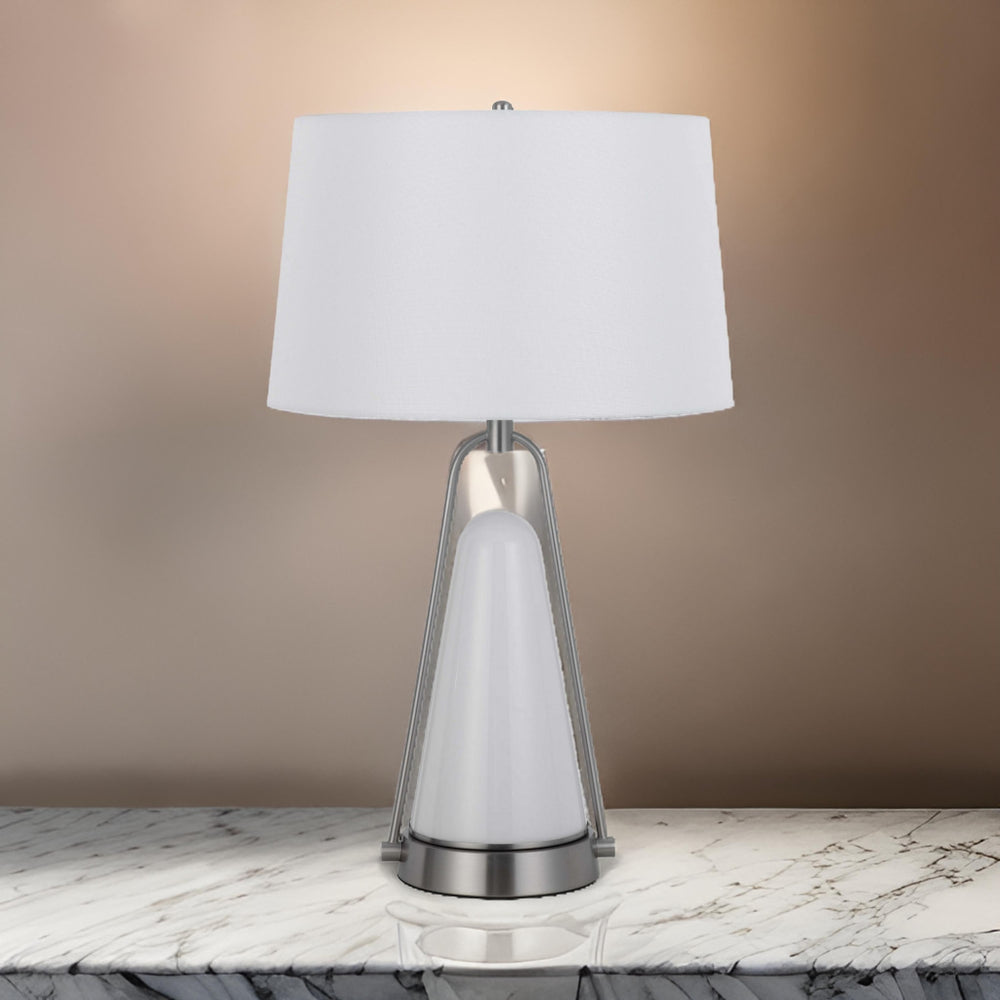 29 Inch Table Lamp, LED Lit, White Drum Hardback, Silver Metal and Glass By Casagear Home
