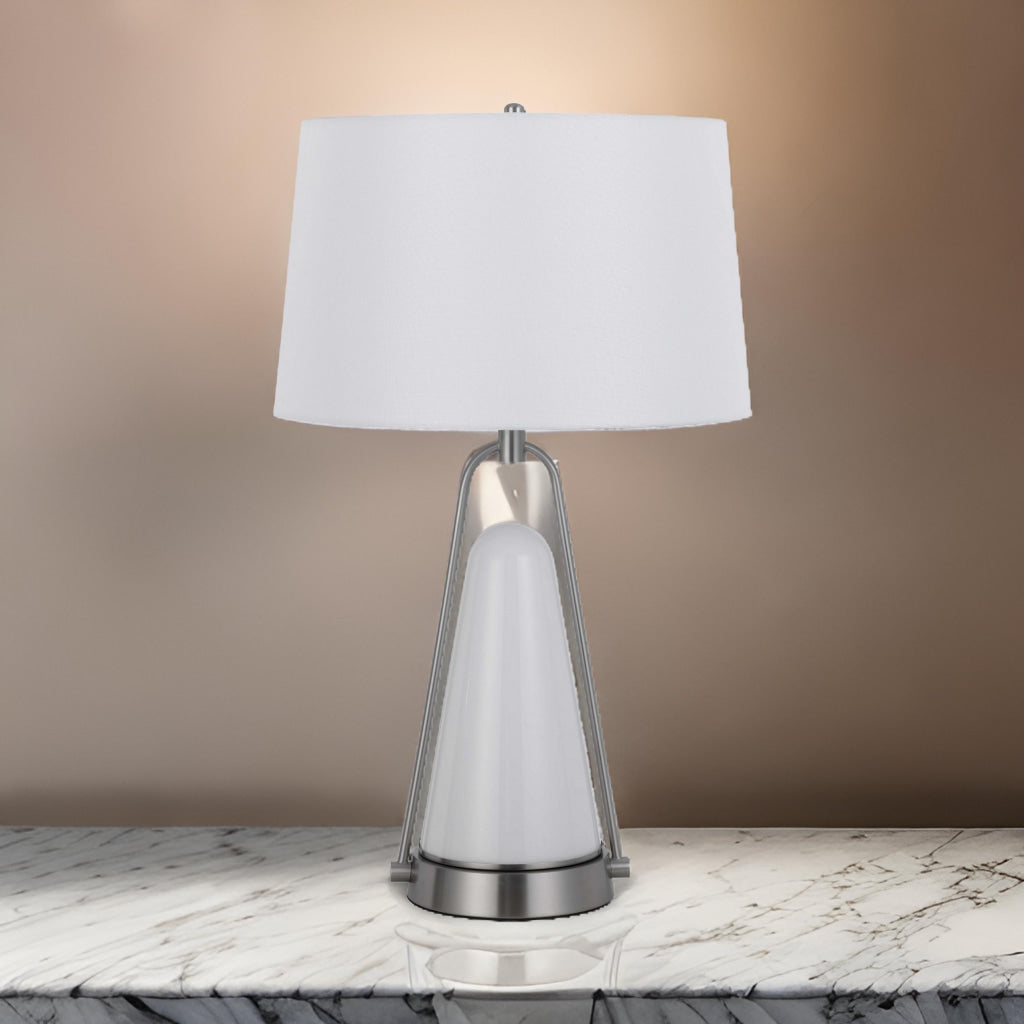 29 Inch Table Lamp, LED Lit, White Drum Hardback, Silver Metal and Glass By Casagear Home