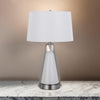 29 Inch Table Lamp, LED Lit, White Drum Hardback, Silver Metal and Glass By Casagear Home