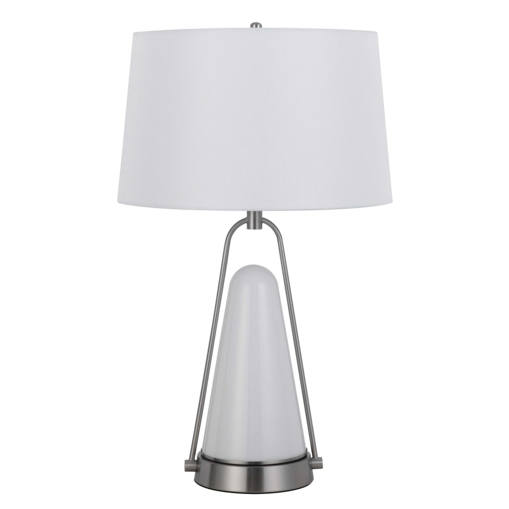 29 Inch Table Lamp LED Lit White Drum Hardback Silver Metal and Glass By Casagear Home BM313627