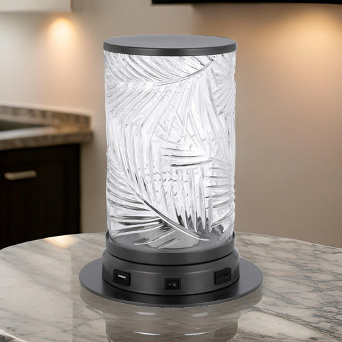 Hem 9 Inch Accent Lamp, LED, Leaf Pattern Glass Shade, Gray Metal Finish By Casagear Home