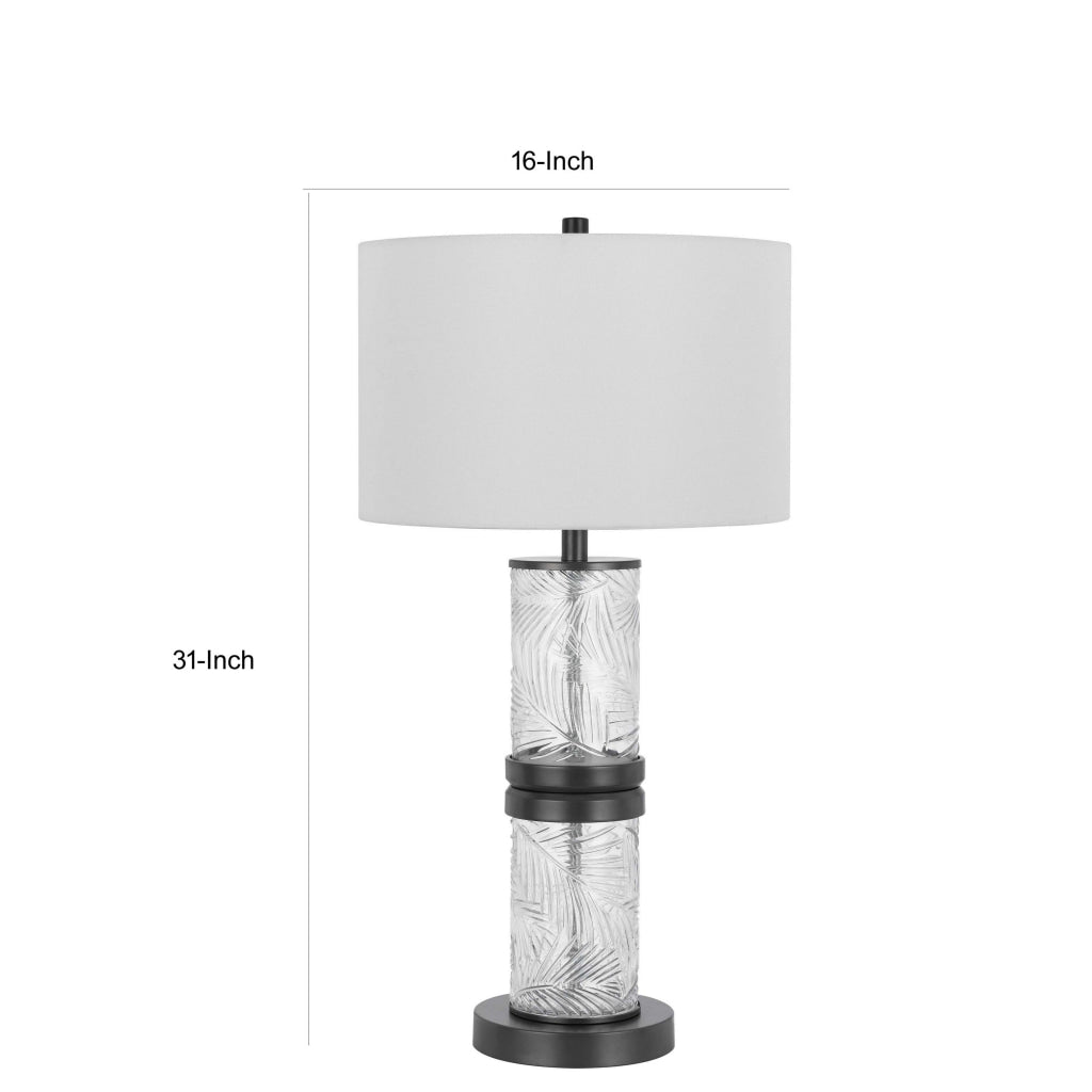 Hem 31 Inch Table Lamp with Drum Hardback LED Leafy Glass Gray Metal By Casagear Home BM313631