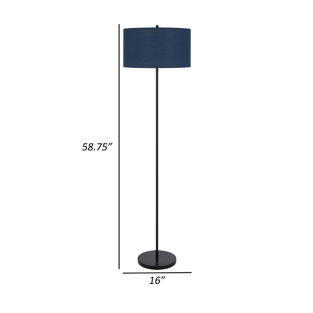 Sie 59 Inch Floor Lamp, Navy Blue Linen Shade, Round Base, Black Metal Pole By Casagear Home