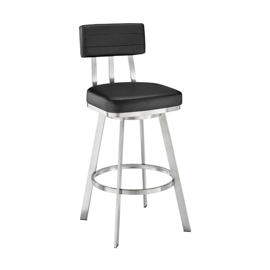 Poni 30 Inch Swivel Barstool Chair, Cushioned Seating, Black Faux Leather By Casagear Home