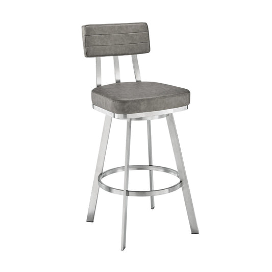 Poni 30 Inch Swivel Barstool Chair, Cushioned Seating, Gray Faux Leather By Casagear Home