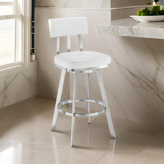 Poni 30 Inch Swivel Barstool Chair, Cushioned Seating, White Faux Leather By Casagear Home