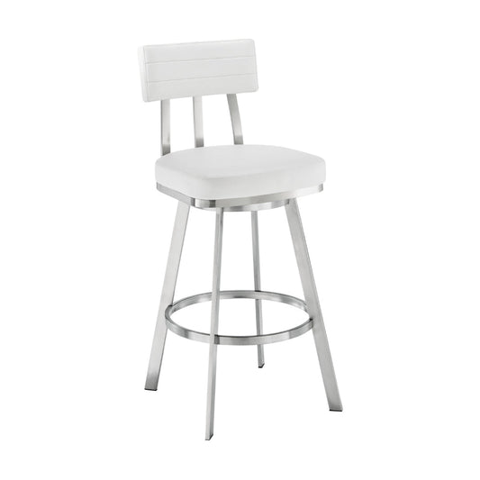 Poni 30 Inch Swivel Barstool Chair, Cushioned Seating, White Faux Leather By Casagear Home