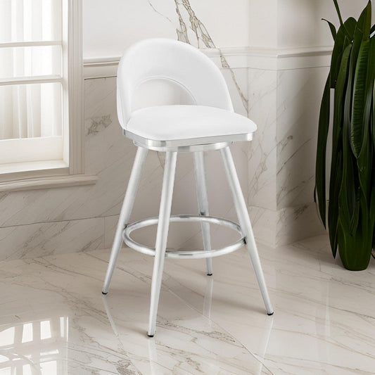 Visy 26 Inch Swivel Counter Stool Chair, Round Back, White Faux Leather By Casagear Home