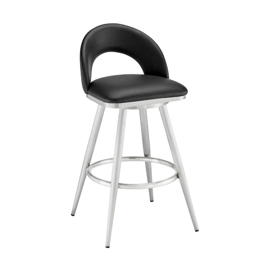 Visy 30 Inch Swivel Barstool Chair, Round Open Back, Black Faux Leather By Casagear Home