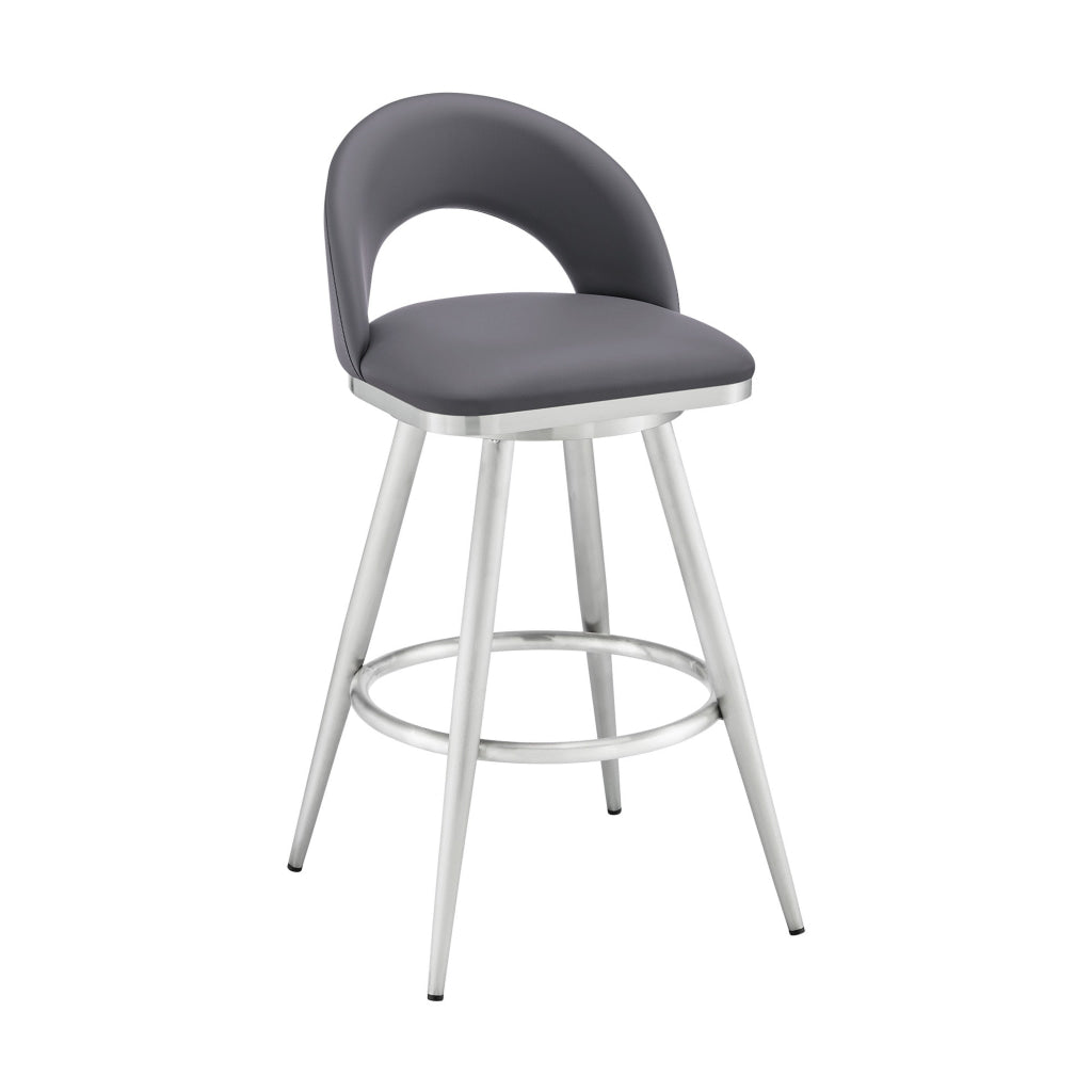 Visy 30 Inch Swivel Barstool Chair Round Open Back Gray Faux Leather By Casagear Home BM313646