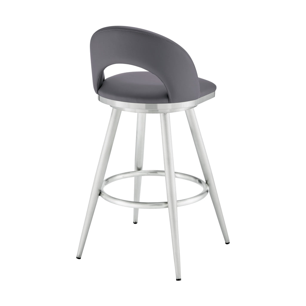 Visy 30 Inch Swivel Barstool Chair Round Open Back Gray Faux Leather By Casagear Home BM313646