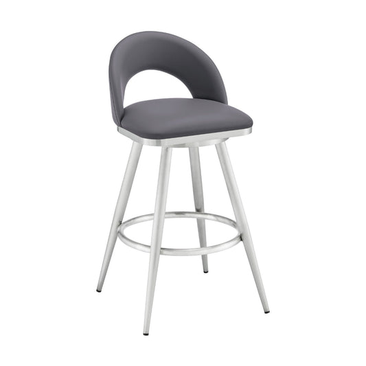 Visy 30 Inch Swivel Barstool Chair, Round Open Back, Gray Faux Leather By Casagear Home